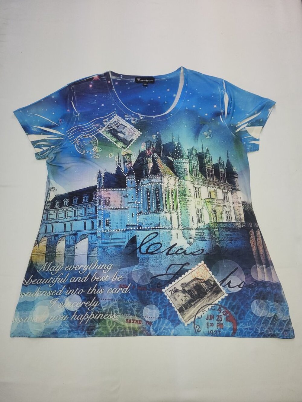 Creation Women’s Blue Paris Cityscape Graphic Top Short Sleeve Lightweight - Picture 7 of 9